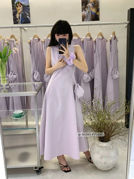 NONO French style simple waist slimming A-line vest long skirt sleeveless big swing dress for women (with bag)