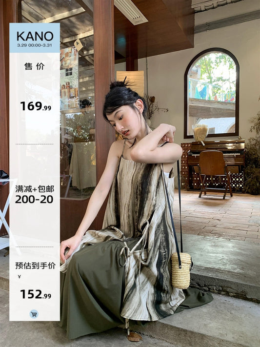 Hello Canon Tie-dye style fake two-piece suspender long skirt for women summer new design loose and slim dress