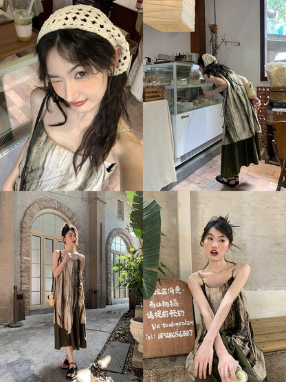 Hello Canon Tie-dye style fake two-piece suspender long skirt for women summer new design loose and slim dress