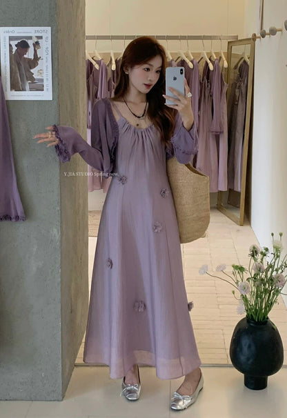 2025 Spring New Sunscreen Knitted Cardigan High-end Super Hot Sling Handmade Three-dimensional Flower Dress Fashion