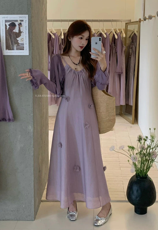 2025 Spring New Sunscreen Knitted Cardigan High-end Super Hot Sling Handmade Three-dimensional Flower Dress Fashion