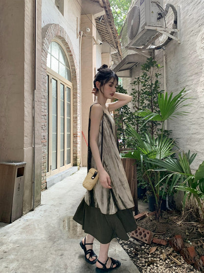 Hello Canon Tie-dye style fake two-piece suspender long skirt for women summer new design loose and slim dress