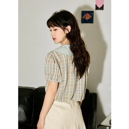 Tangshi 2024 Spring and Summer New Short-Sleeved Plaid Shirt Women's Doll Collar Shirt Loose Slim Puff Sleeve Top Sweet