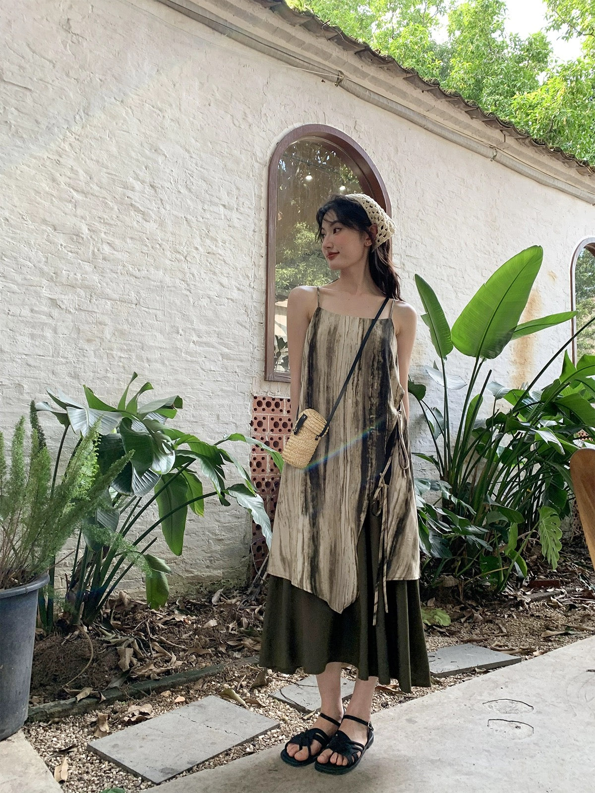 Hello Canon Tie-dye style fake two-piece suspender long skirt for women summer new design loose and slim dress