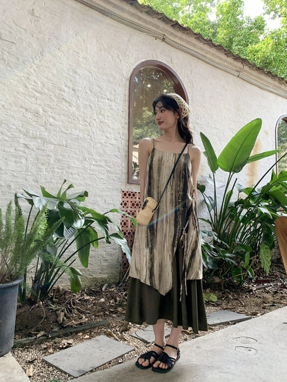 Hello Canon Tie-dye style fake two-piece suspender long skirt for women summer new design loose and slim dress