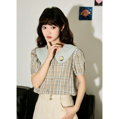 Tangshi 2024 Spring and Summer New Short-Sleeved Plaid Shirt Women's Doll Collar Shirt Loose Slim Puff Sleeve Top Sweet
