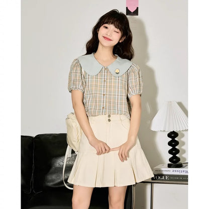 Tangshi 2024 Spring and Summer New Short-Sleeved Plaid Shirt Women's Doll Collar Shirt Loose Slim Puff Sleeve Top Sweet