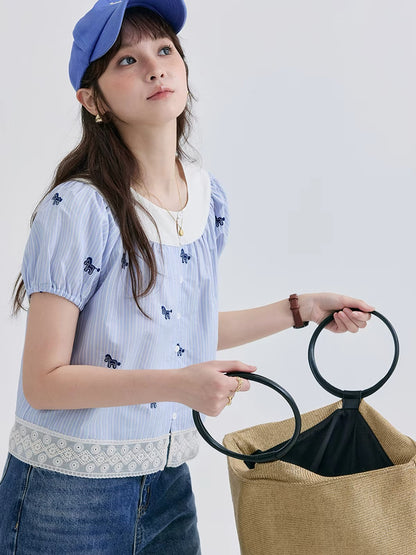 [Beidao AMUU Original] Women's Summer Cotton Shirt – Youthful Style with Pony Jacquard & Lace-Spliced Cropped Design
