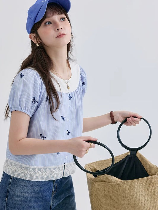 [Beidao AMUU Original] Women's Summer Cotton Shirt – Youthful Style with Pony Jacquard & Lace-Spliced Cropped Design