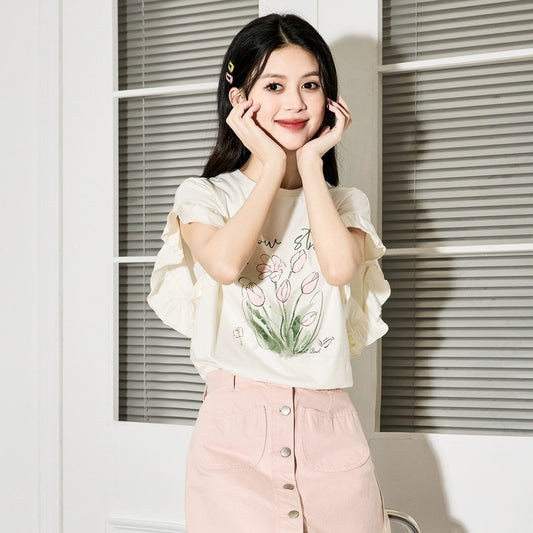 Tangshi 2024 lace sleeve short-sleeved T-shirt women's new summer design sweet tops and stylish small shirts hot style sz