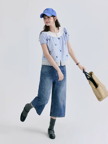 [Beidao AMUU Original] Women's Summer Cotton Shirt – Youthful Style with Pony Jacquard & Lace-Spliced Cropped Design