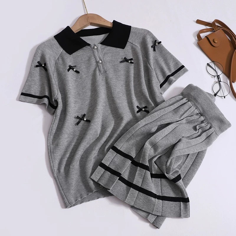 College style fashion suit for women in summer, three-dimensional bow short-sleeved lapel top + pleated skirt two-piece set