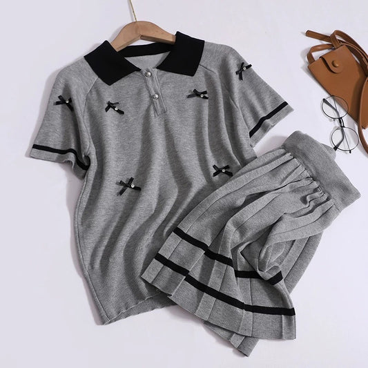 College style fashion suit for women in summer, three-dimensional bow short-sleeved lapel top + pleated skirt two-piece set