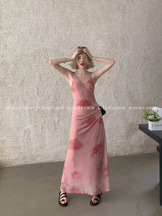 Echoes human peach double-layer mesh suspender dress with sweet and dry rose skirt for women summer