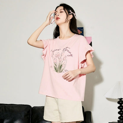 Tangshi 2024 lace sleeve short-sleeved T-shirt women's new summer design sweet tops and stylish small shirts hot style sz