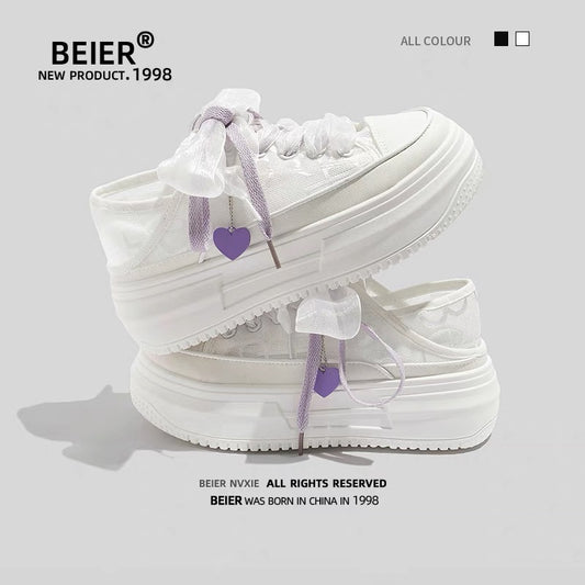 BEIER lace canvas shoes for women 2024 summer new style mesh breathable versatile two-wear half-mug white shoes trendy
