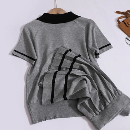 College style fashion suit for women in summer, three-dimensional bow short-sleeved lapel top + pleated skirt two-piece set