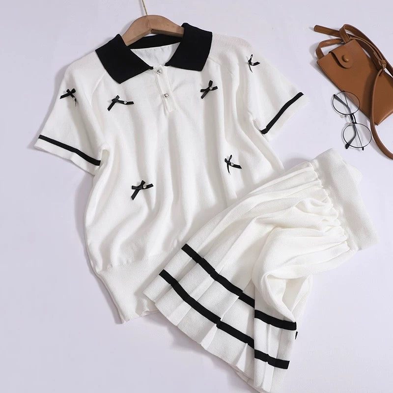 College style fashion suit for women in summer, three-dimensional bow short-sleeved lapel top + pleated skirt two-piece set