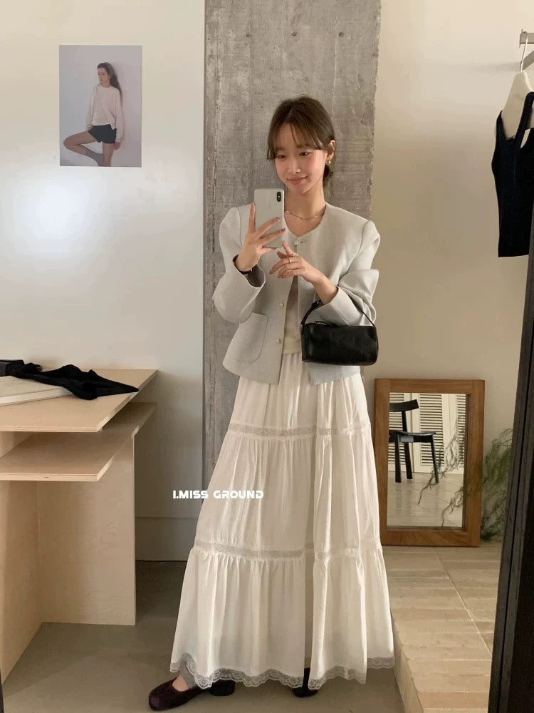 IMISS fairy skirt female lace splicing French temperament super fairy cake skirt temperament long skirt drape slim