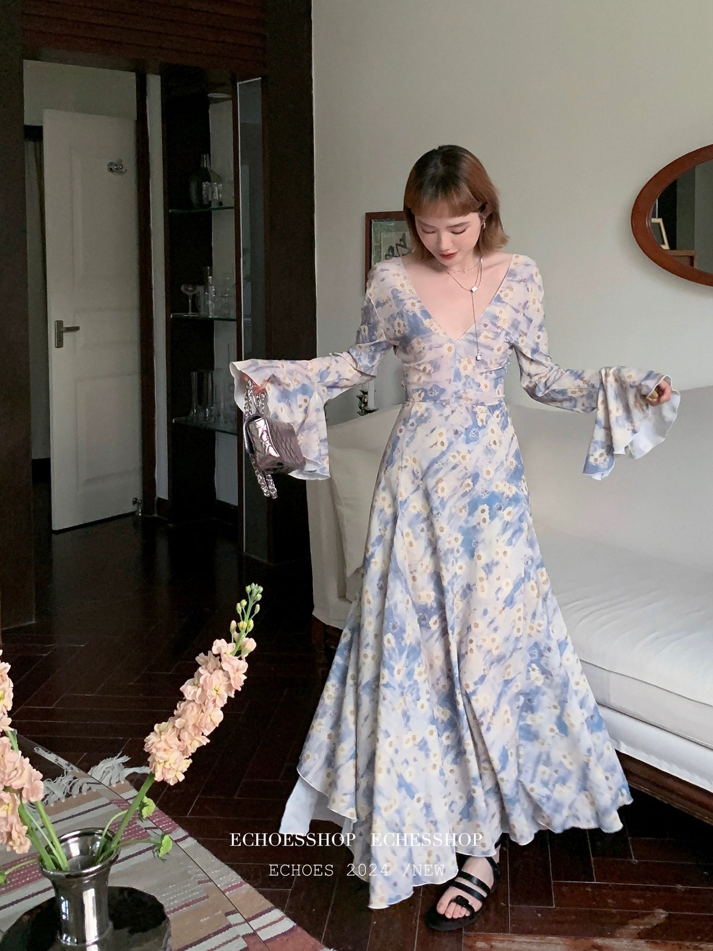 iiECHOES Heartbeat Signal Floral Bell Sleeve Dress V-neck Slit Waist Chiffon Backless Long Dress for Women