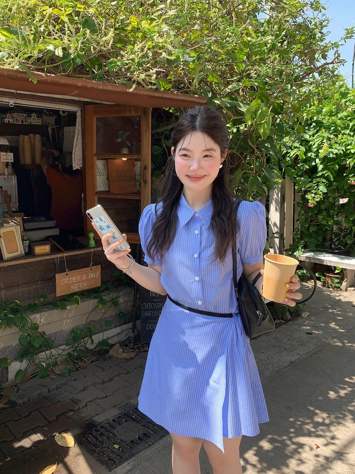 Huo Huo Huo [Sea Salt Soda] Korean style versatile lapel dress women's short skirt fashionable waist holiday skirt