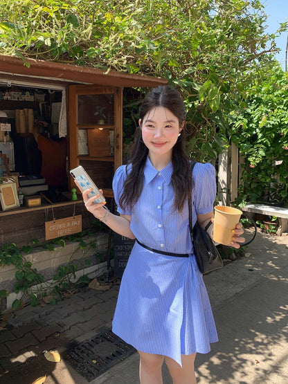 Huo Huo Huo [Sea Salt Soda] Korean style versatile lapel dress women's short skirt fashionable waist holiday skirt