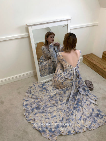 iiECHOES Heartbeat Signal Floral Bell Sleeve Dress V-neck Slit Waist Chiffon Backless Long Dress for Women