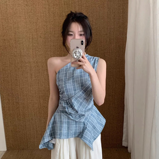 Retro blue plaid sleeveless camisole for women, design, niche, summer, irregular waist, slim fit, temperament top