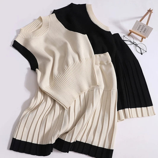 Sweet and cool A-line skirt suit, pure lust style, round neck, short vest, temperament, hip-hugging skirt, sexy skirt, contrasting color two-piece set