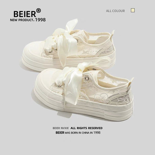BEIER lace canvas shoes new thick-soled casual breathable sneakers 2024 summer versatile ribbon lightweight sneakers