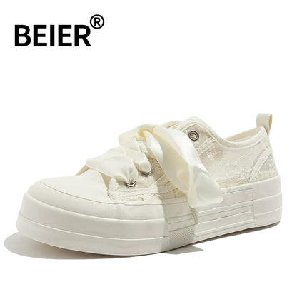 BEIER lace canvas shoes new thick-soled casual breathable sneakers 2024 summer versatile ribbon lightweight sneakers