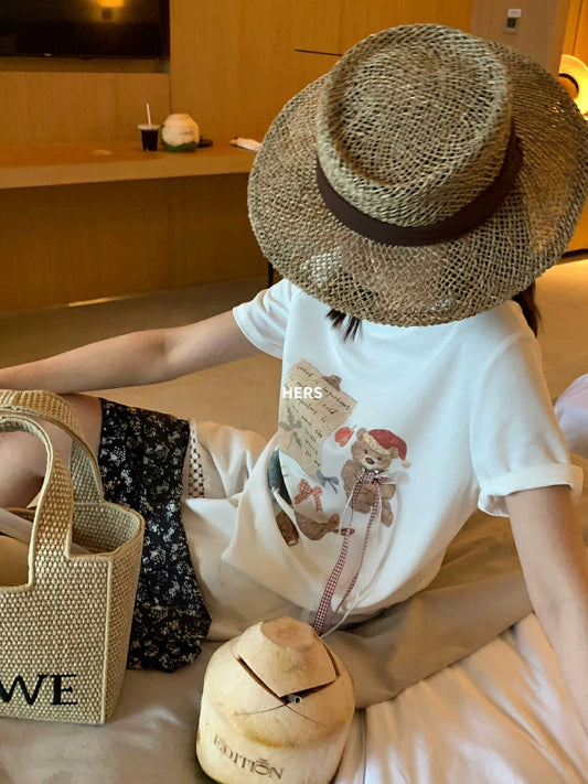 METWO hers bear pattern bow T-shirt female 2025 new niche short-sleeved round neck top 20572