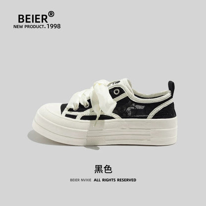 BEIER lace canvas shoes new thick-soled casual breathable sneakers 2024 summer versatile ribbon lightweight sneakers