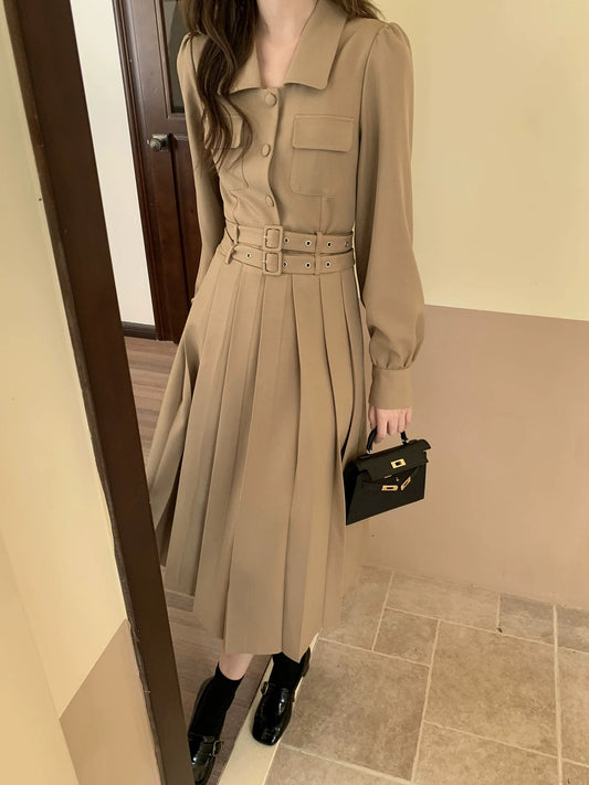 XXNING French retro style double belt pleated dress 2024 spring and summer new style waist slimming long skirt