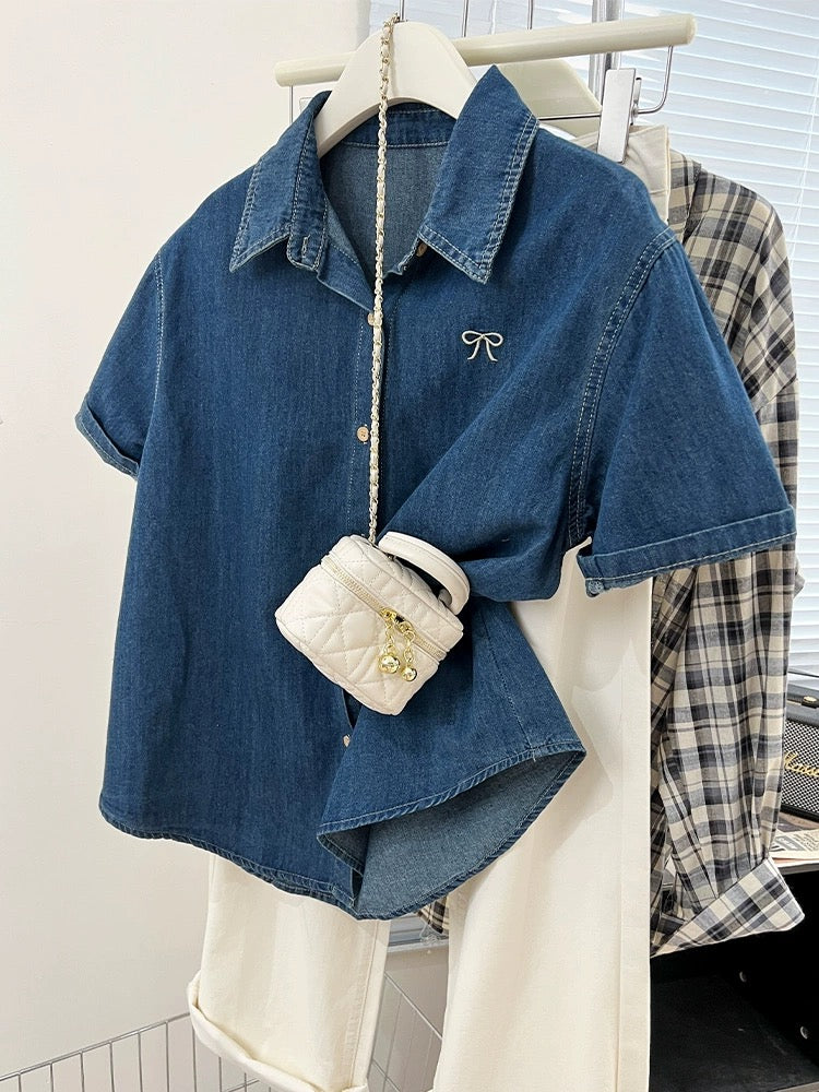 Blue embroidered bow right shoulder short-sleeved denim shirt for women summer design niche petite shirt top