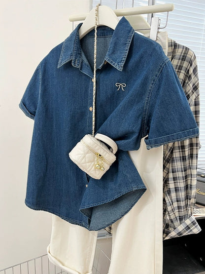 Blue embroidered bow right shoulder short-sleeved denim shirt for women summer design niche petite shirt top