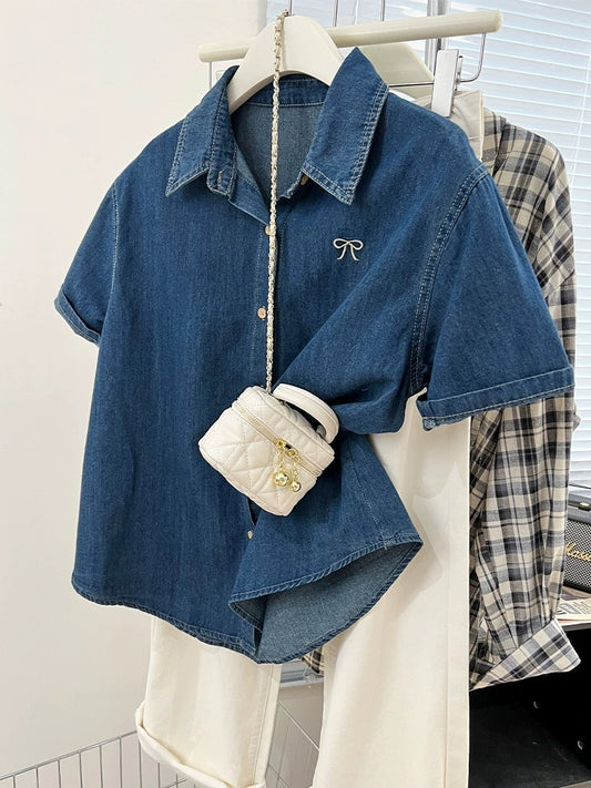 Blue embroidered bow right shoulder short-sleeved denim shirt for women summer design niche petite shirt top