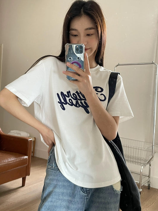 Hello Canon Original towel embroidered letter short-sleeved T-shirt for women summer 2024 new loose and slim T-shirt top