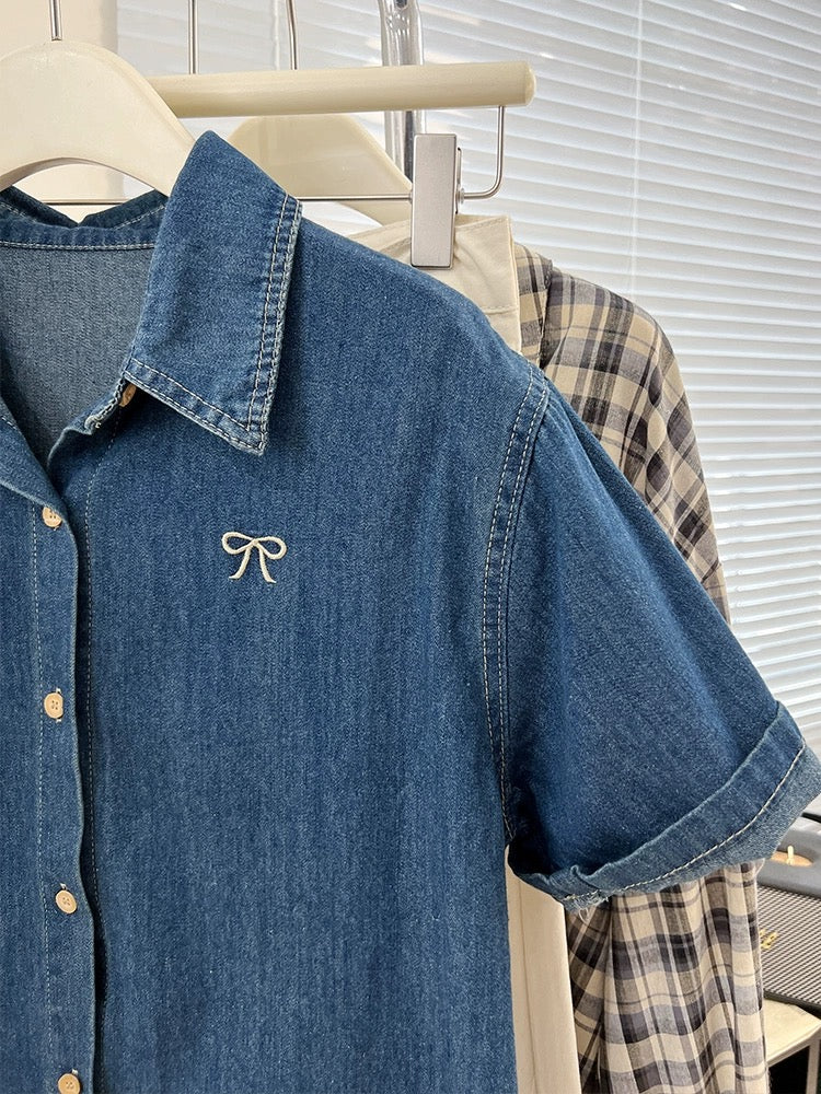 Blue embroidered bow right shoulder short-sleeved denim shirt for women summer design niche petite shirt top
