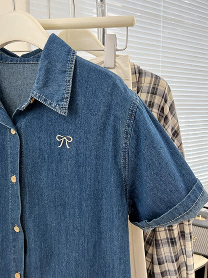 Blue embroidered bow right shoulder short-sleeved denim shirt for women summer design niche petite shirt top