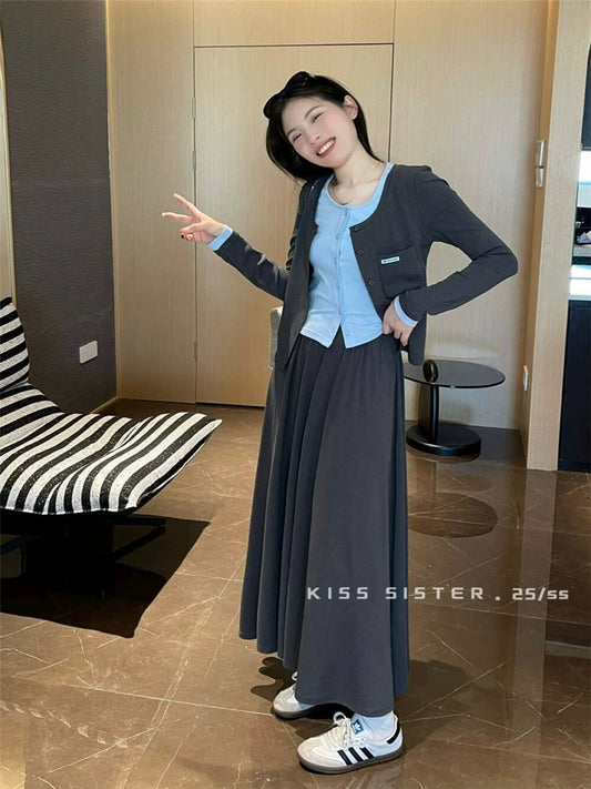 kisssister early spring new Korean version of round neck loose slim all-match solid color knitted cardigan + high waist skirt