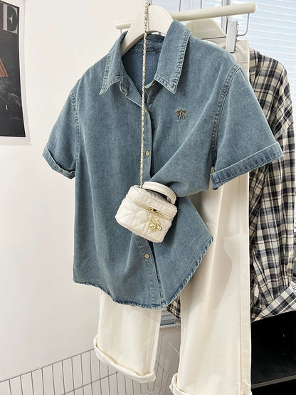 Blue embroidered bow right shoulder short-sleeved denim shirt for women summer design niche petite shirt top