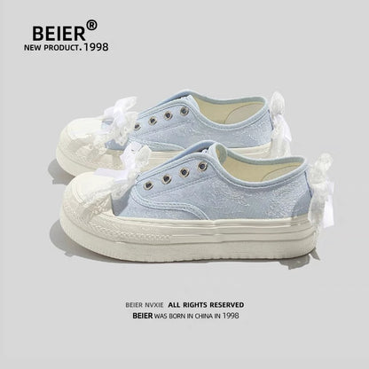 BEIER canvas shoes women's niche ribbon thick-soled casual shoes 2024 summer thin breathable versatile ins trendy sneakers