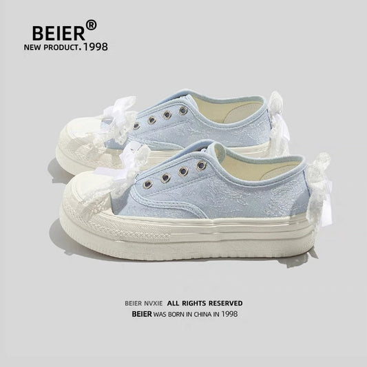 BEIER canvas shoes women's niche ribbon thick-soled casual shoes 2024 summer thin breathable versatile ins trendy sneakers