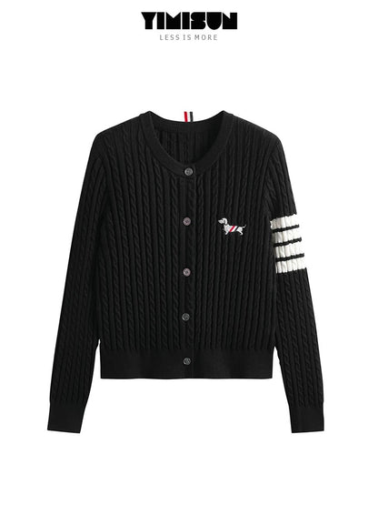 Soft and waxy design tbb new four-bar round neck twist puppy embroidery age-reducing knitted cardigan jacket for women trendy