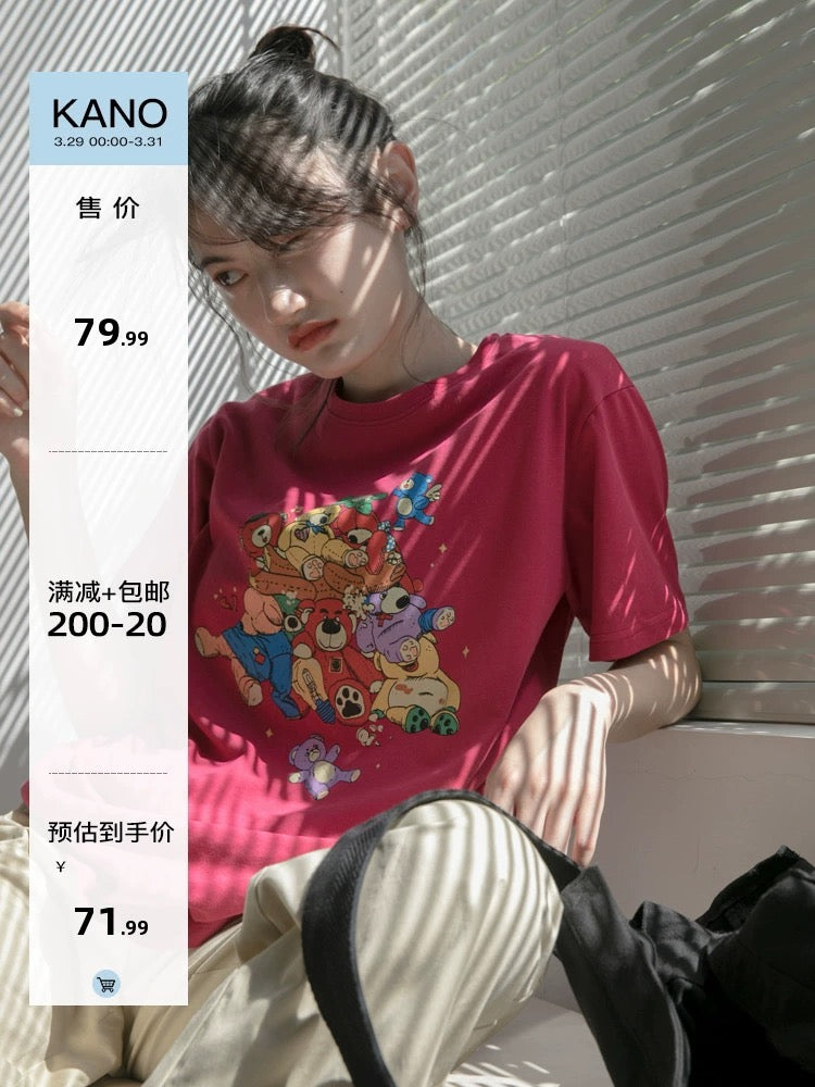 Hello Canon Original Bear Print Short Sleeve T-Shirt Women's Summer 2024 New Loose Round Neck Casual T-shirt Top