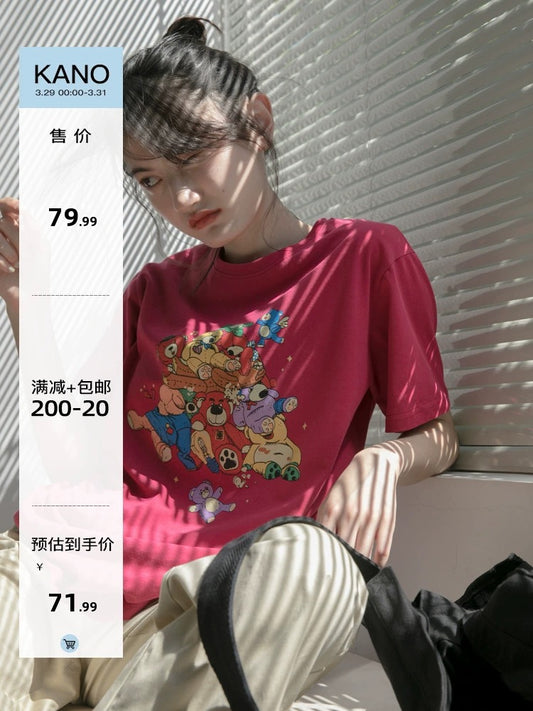 Hello Canon Original Bear Print Short Sleeve T-Shirt Women's Summer 2024 New Loose Round Neck Casual T-shirt Top