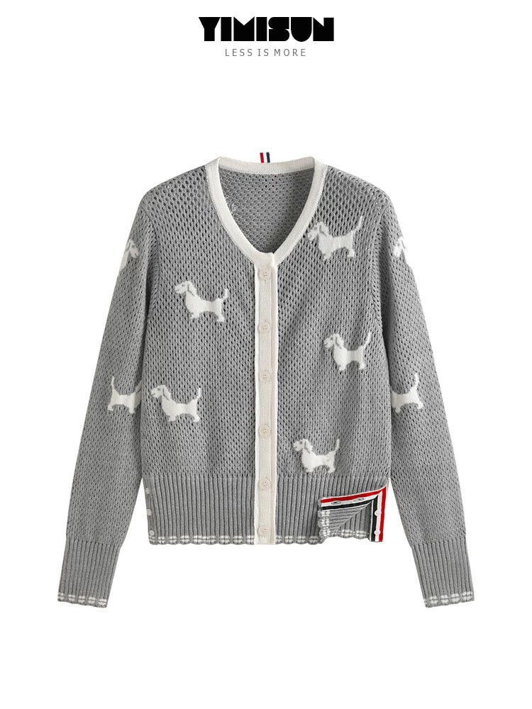 YIMISUN Colorful Puppy Jacquard Knitted Cardigan Women's Hollow Mesh Design Round Neck Slim Casual Jacket