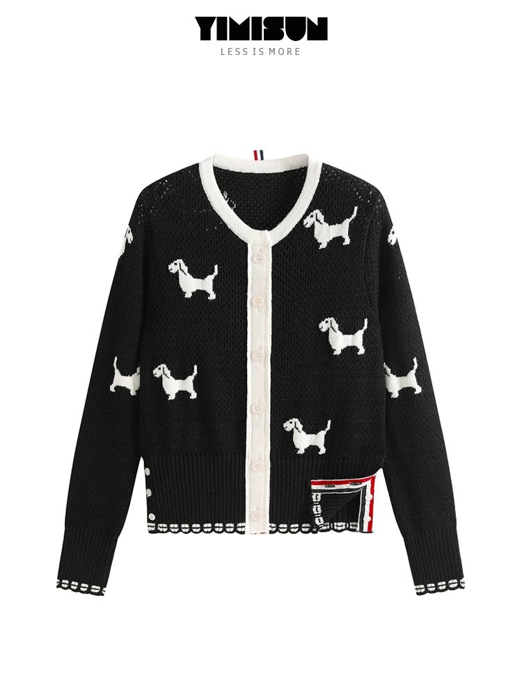 YIMISUN Colorful Puppy Jacquard Knitted Cardigan Women's Hollow Mesh Design Round Neck Slim Casual Jacket