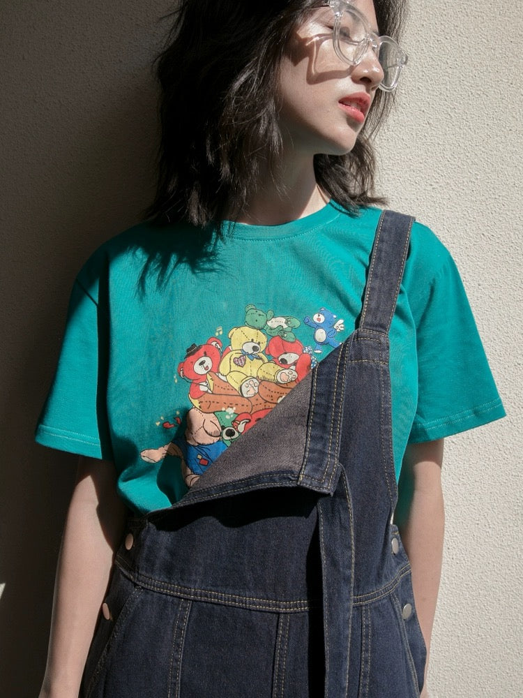 Hello Canon Original Bear Print Short Sleeve T-Shirt Women's Summer 2024 New Loose Round Neck Casual T-shirt Top